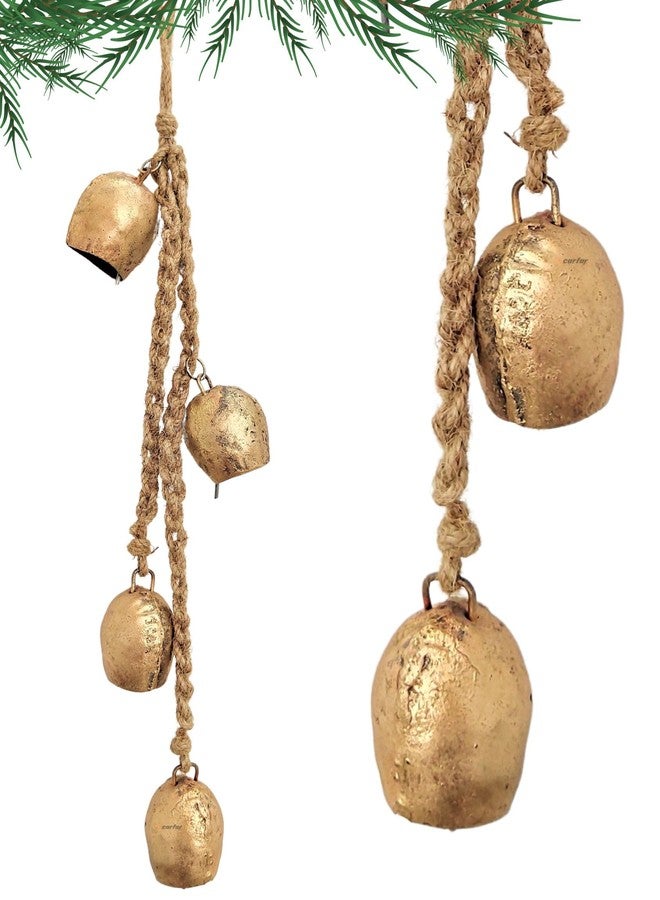 Carfar Set of 4 Handcrafted 2.5 Inch Small Round Cow Bell Clusters on Jute Rope - Shabby Chic Vintage Rustic Harmony Christmas Hanging Ornaments - Image 1
