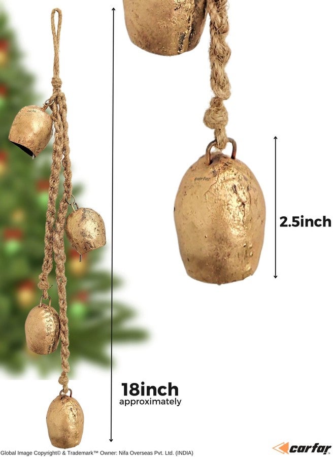 Carfar Set of 4 Handcrafted 2.5 Inch Small Round Cow Bell Clusters on Jute Rope - Shabby Chic Vintage Rustic Harmony Christmas Hanging Ornaments - Image 3