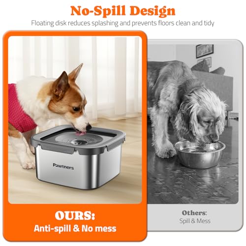 Pawtners Dog Water Bowl No Spill, 152oz/4.5L Stainless Steel Dog Floating Bowl, Slow Water Bowl for Dog with Filter, Non-Slip Base, No Splash Water Bowl for Medium Large Messy Drinkers Grey - Image 4
