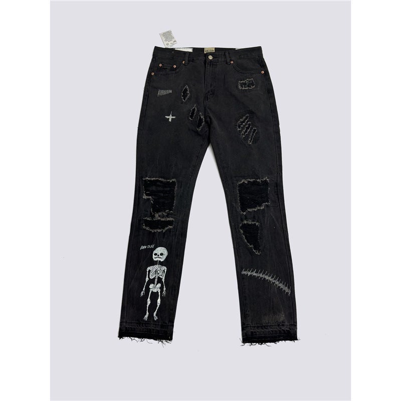 G D Hand-Painted Splash-Ink Splicing Drawstring High Street Casual Sports Sweatpants Micro-Flared Pants Men'S Denim Pants Women - Image 1