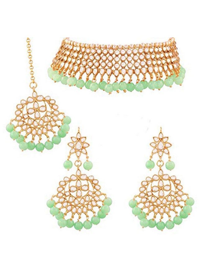 Aheli Kundan Beaded Necklace Dangle Earrings Maang Tikka Indian Bollywood Style Fashion Ethnic Jewelry Set For Women - Image 1