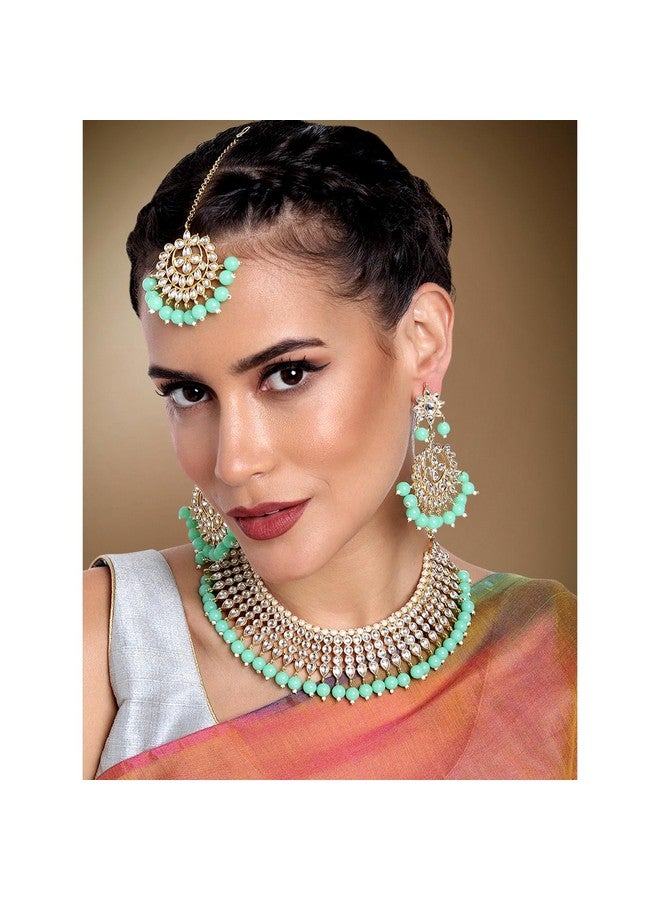 Aheli Kundan Beaded Necklace Dangle Earrings Maang Tikka Indian Bollywood Style Fashion Ethnic Jewelry Set For Women - Image 2