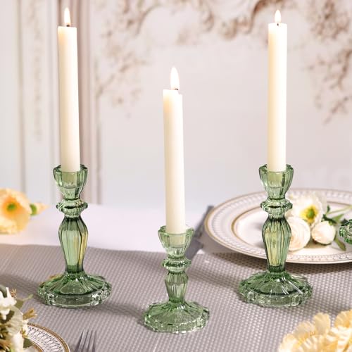 Simeitol Green Candlestick Holders Set of 6, Taper Candle Holders, 4.3" H & 6.3" H Glass Candle Holder for Candlesticks & Pillar Candles, Candle Holder for Wedding and Dining Table Decor - Image 2