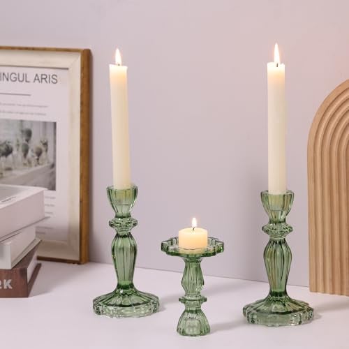 Simeitol Green Candlestick Holders Set of 6, Taper Candle Holders, 4.3" H & 6.3" H Glass Candle Holder for Candlesticks & Pillar Candles, Candle Holder for Wedding and Dining Table Decor - Image 3