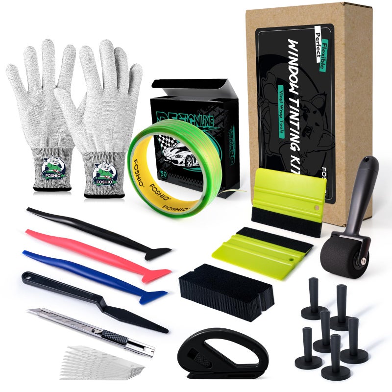 FOSHIO 50M Knife Less Vinyl Wrap Tools Kit 6PCS Car Wrap Magnets Vinyl Wrap Gloves Sponge Roller Felt Squeegee Utility Knife Wrapping Paper Cutter Set Micro Squeegee Window Tint Tools Kit - Image 2