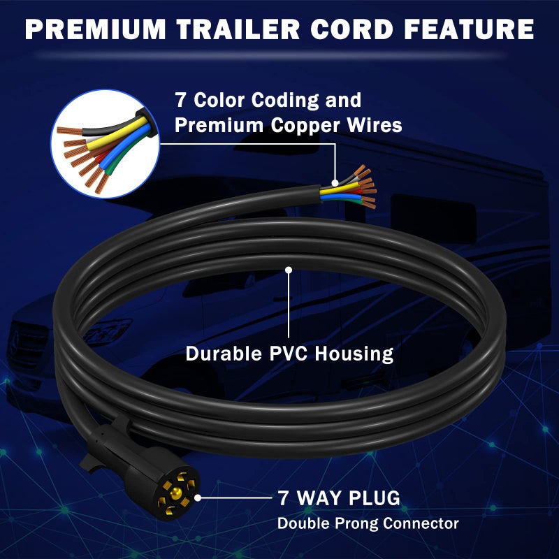 CheeMuii 7 Way Trailer Cord Heavy Duty 8 FT Trailer Wiring Harness Kit 7 Pin Trailer Plug Inline Wire Harness Cable for Trailers RVs Campers - Image 2
