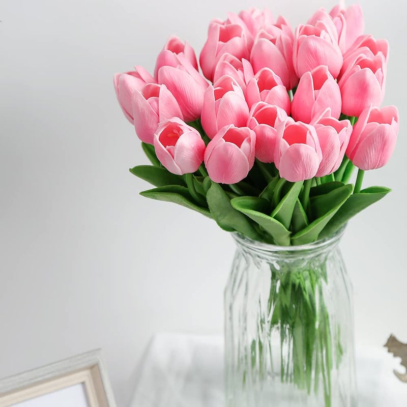 IPOPU Pink Tulips Artificial Flowers 24PCS Real Touch Tulips Flowers Fake Pink Tulips Faux Flowers for Home Decoration Wedding Bouquet Party Baby Shower Centerpieces Bridal Bouquet Decor - Image 3