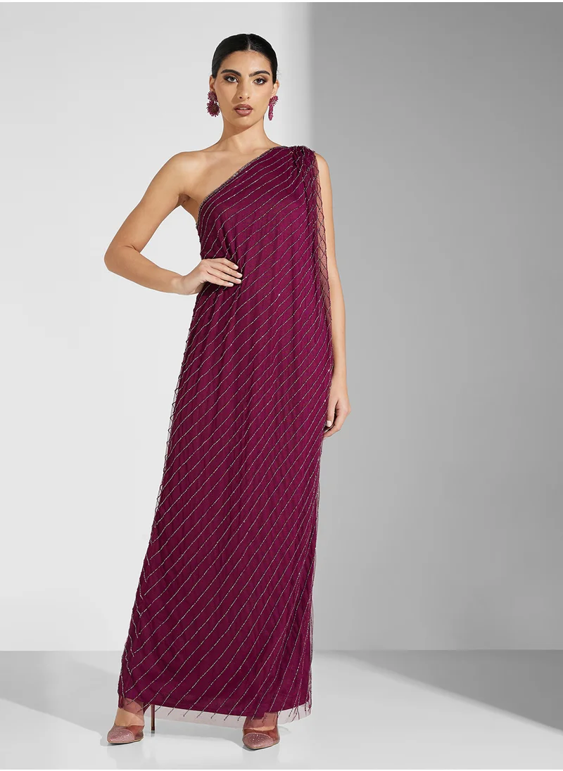 Namshi x Dima Dima One Shoulde Shimmer Drapped Dress