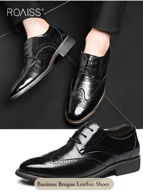 Men's Casual Business Block Leather Shoes Fashion Versatile Patent Leather Pointed Formal Occasion Shoes Patterned Lace Up Business Casual Shoes
