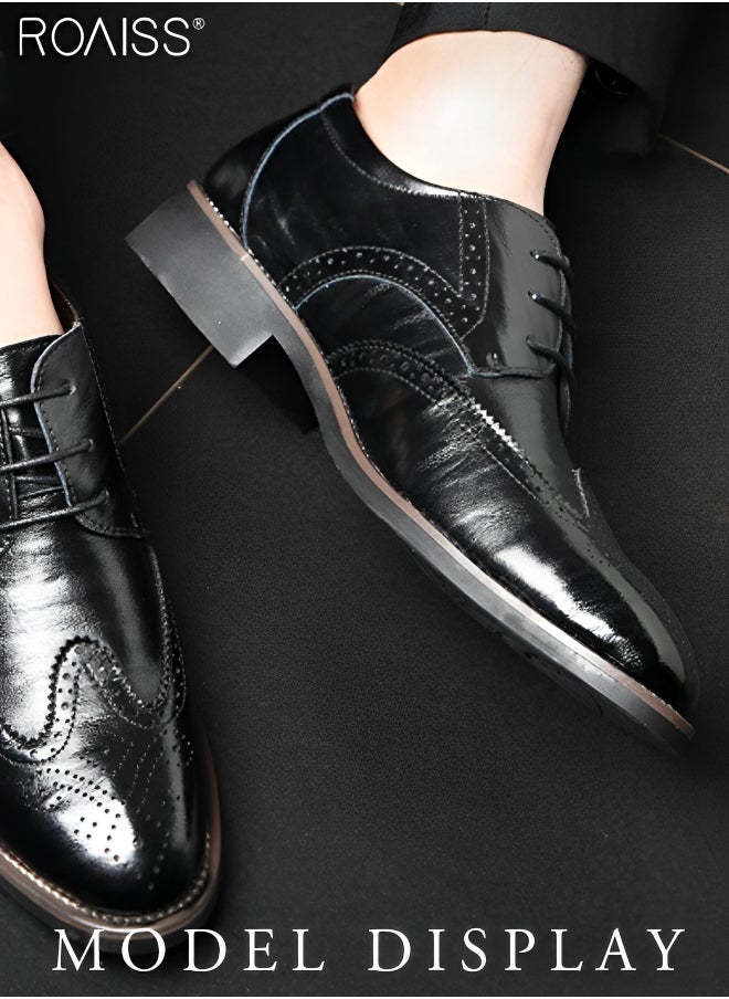 roaiss - Men's Casual Business Block Leather Shoes Fashion Versatile Patent Leather Pointed Formal Occasion Shoes Patterned Lace Up Business Casual Shoes - Image 1