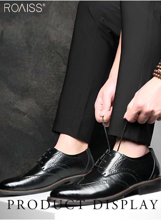 roaiss - Men's Casual Business Block Leather Shoes Fashion Versatile Patent Leather Pointed Formal Occasion Shoes Patterned Lace Up Business Casual Shoes - Image 1