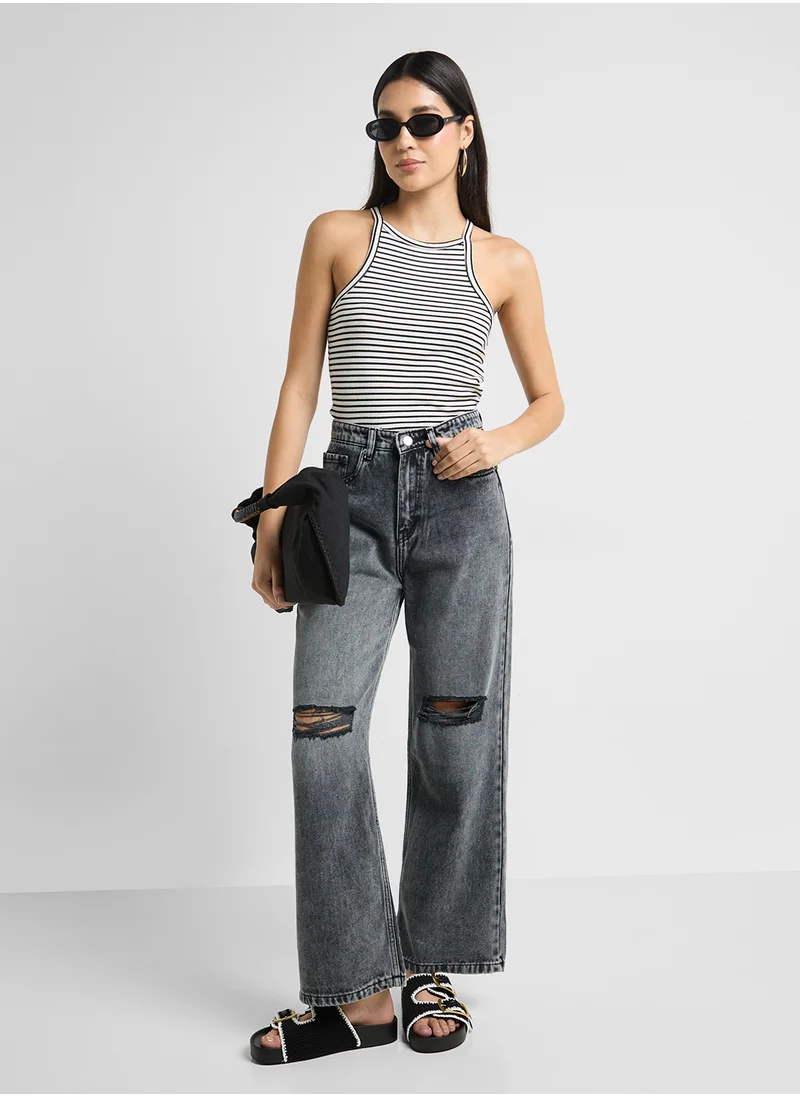 جينجر High Rise Distressed Wide Leg Jeans