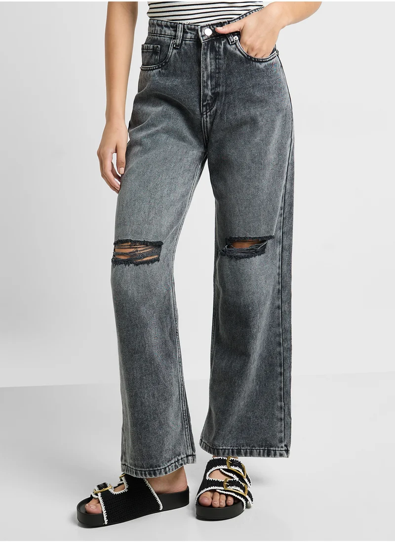 جينجر High Rise Distressed Wide Leg Jeans