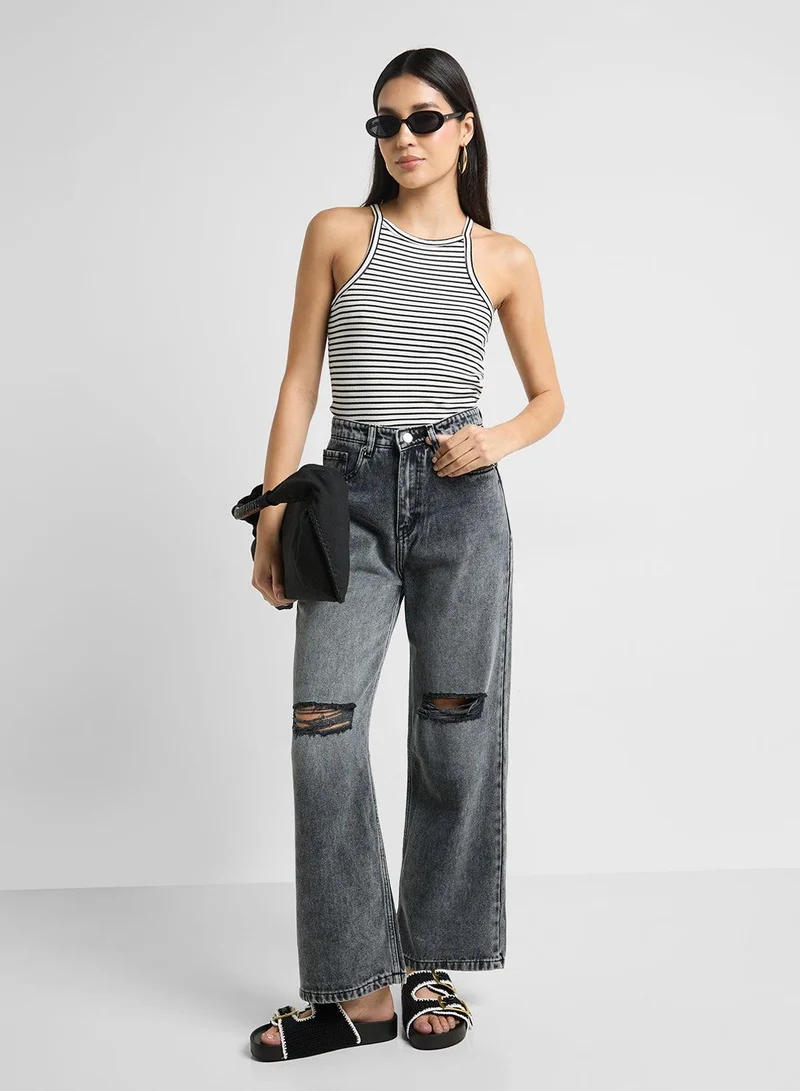 Ginger Grey High Rise Distressed Wide Leg Jeans for Women | Best Price UAE