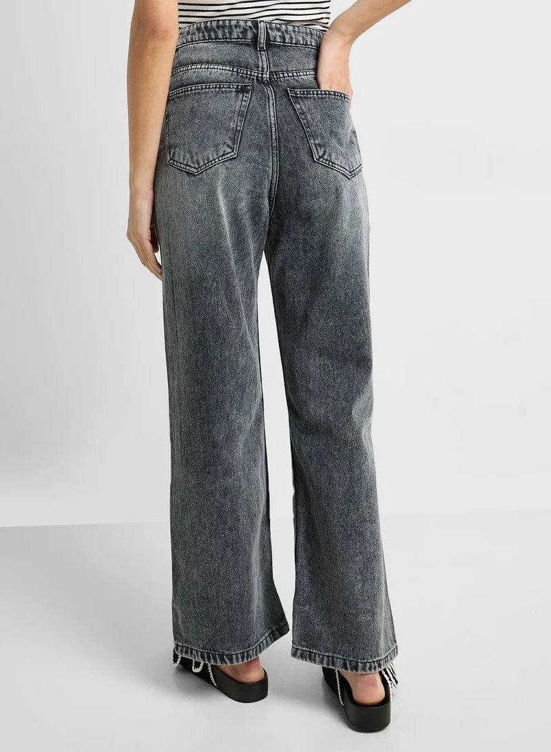 Ginger Grey High Rise Distressed Wide Leg Jeans for Women | Best Price UAE