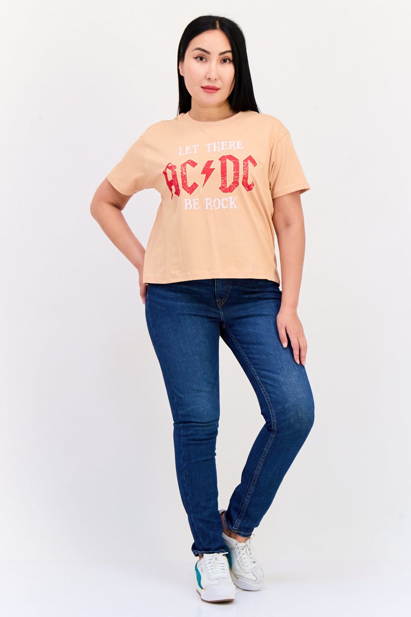 AC/DC Women Regular Fit Short Sleeve Graphic Print Crop T-Shirt, Dark Peach  - Image 3