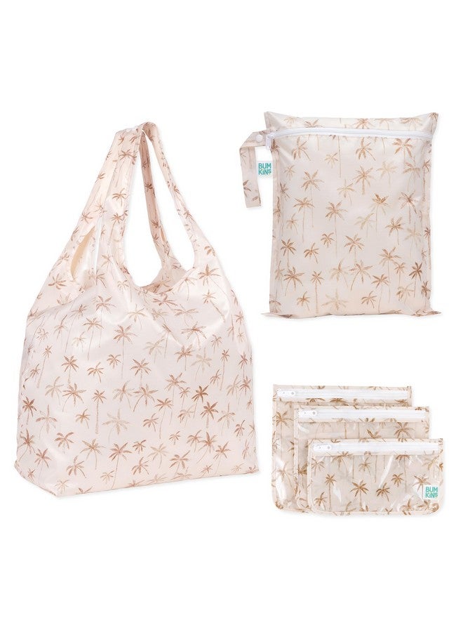 Bumkins Waterproof Wet Bag, TSA Approved Packing Pouches, Reusable Grocery Shopping Tote, Travel, Beach, Pool, Gym Clothes, Swimsuit, Cloth Diaper, Pump Parts, Toiletry, Washable, 5-pc Set Palm Trees - Image 1