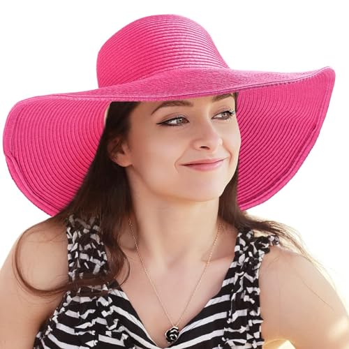 LADYBRO Women Big Brim Sun Hat Straw Floppy Roll up Beach Cap Summer, Rose Red, 7 1/4 - Image 1