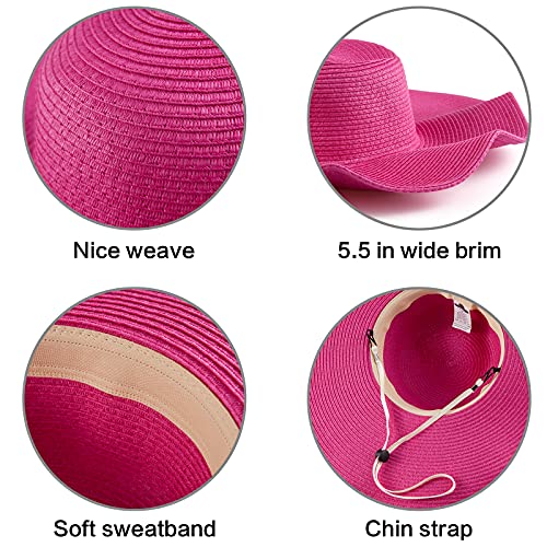 LADYBRO Women Big Brim Sun Hat Straw Floppy Roll up Beach Cap Summer, Rose Red, 7 1/4 - Image 5