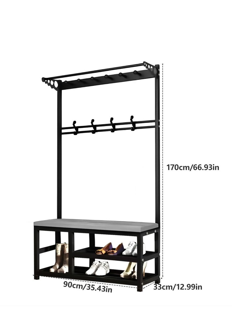Generic 3-In-1 Hall Tree Coat Rack , Thickened frame Industrial Hall Tree with 11 Hooks and 2-Tier Shoe Stand, Hallway Coat Rack Stand with Bench/Leather Cushion(Size:90 * 33 * 170cm).  - Image 2