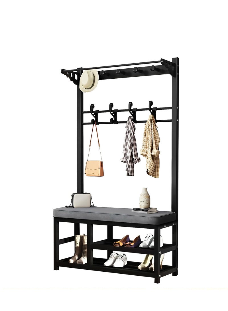 Generic 3-In-1 Hall Tree Coat Rack , Thickened frame Industrial Hall Tree with 11 Hooks and 2-Tier Shoe Stand, Hallway Coat Rack Stand with Bench/Leather Cushion(Size:90 * 33 * 170cm).  - Image 1
