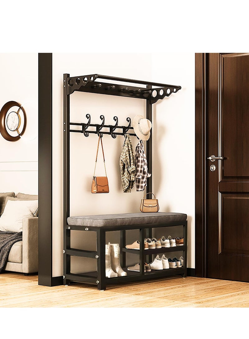 Generic 3-In-1 Hall Tree Coat Rack , Thickened frame Industrial Hall Tree with 11 Hooks and 2-Tier Shoe Stand, Hallway Coat Rack Stand with Bench/Leather Cushion(Size:90 * 33 * 170cm).  - Image 3