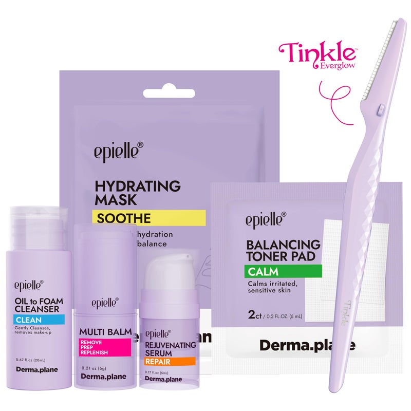 epielle  Tinkle Complete Safe Dermaplane Starter Kit Safe Facial Renewal System Cleanser MultiBalm Dermaplane Tool Hydrating Mask  Serum Peach Fuzz Removal Stocking Stuffer Dermaplaning Kit