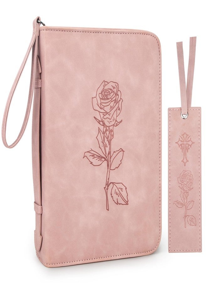 CITYCHASE Bible Cover for Women - Leather Study Case with Bookmark, Supplies Carrying Bag Tote with Strap, Personalized Book Organizer for Journaling - Pink - Image 1
