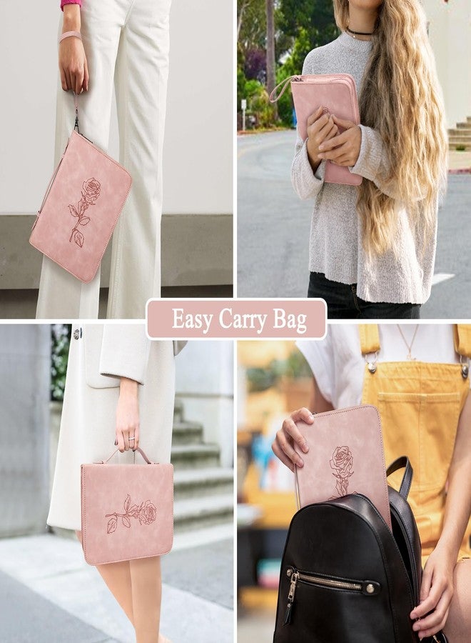 CITYCHASE Bible Cover for Women - Leather Study Case with Bookmark, Supplies Carrying Bag Tote with Strap, Personalized Book Organizer for Journaling - Pink - Image 5