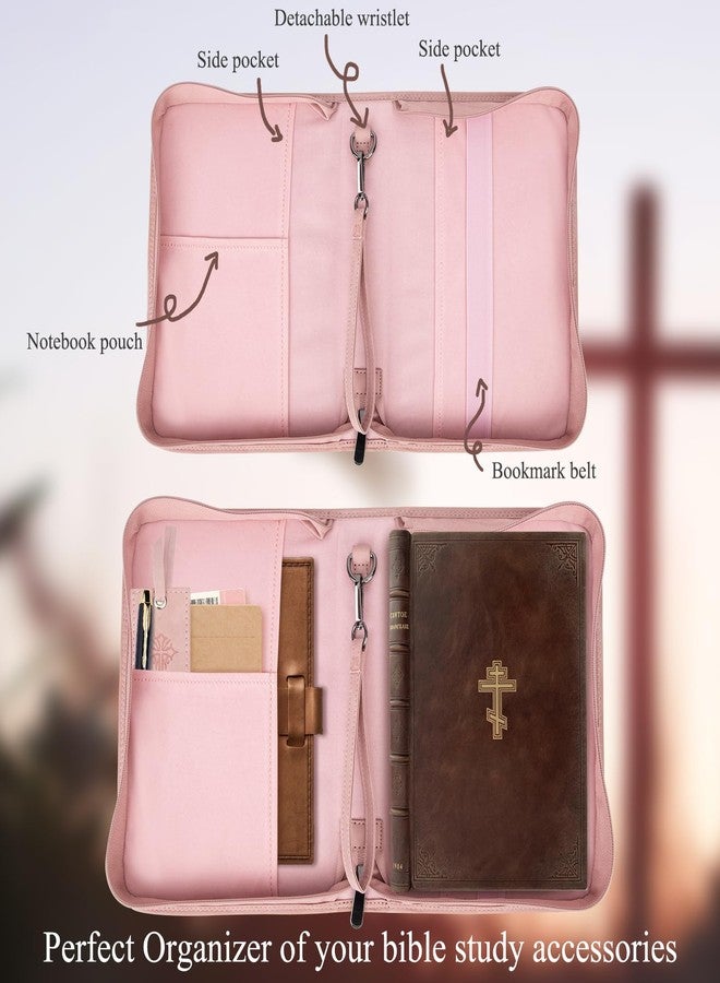 CITYCHASE Bible Cover for Women - Leather Study Case with Bookmark, Supplies Carrying Bag Tote with Strap, Personalized Book Organizer for Journaling - Pink - Image 2