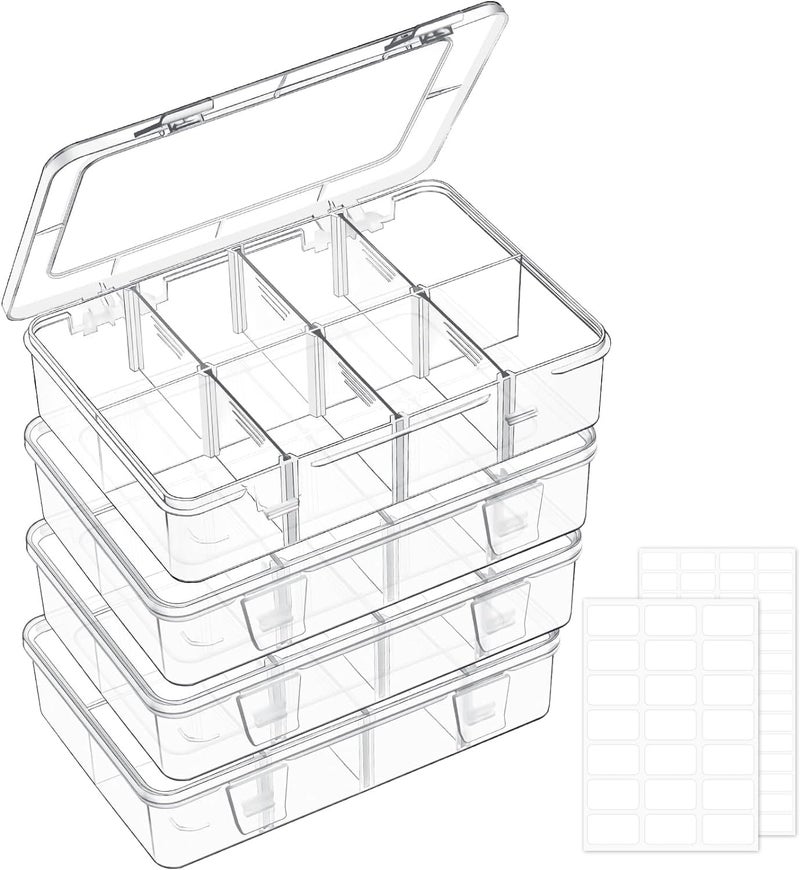 Mauproy 4 Pack 8 Grids Bead Organizer and Storage, Clear Plastic Storage Containers with Removable Dividers and Labels Small Tackle Box Organizer for Jewelry Crafts Electronics Small Parts - Image 1