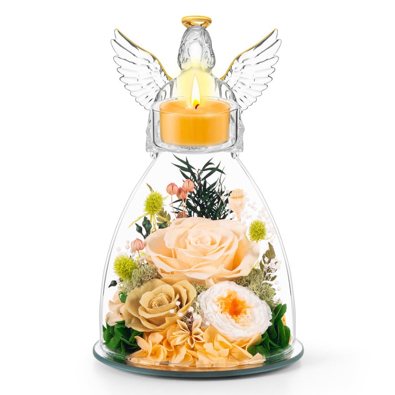 AIMEYE Valentines Day Angel Candle Holder Roses Gifts for Women,Valentines Day Preserved Real Flowers Roses in Glass Angel Figurines with Tealight Candle Holder./Champagne - Image 1
