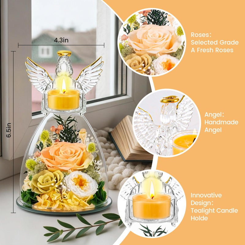AIMEYE Valentines Day Angel Candle Holder Roses Gifts for Women,Valentines Day Preserved Real Flowers Roses in Glass Angel Figurines with Tealight Candle Holder./Champagne - Image 3