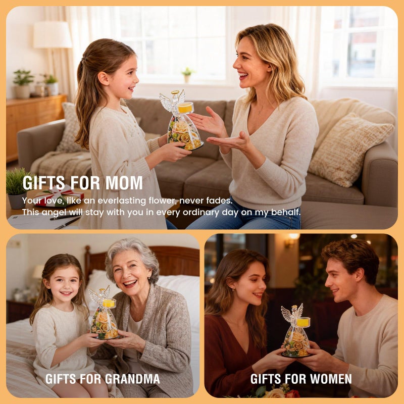 AIMEYE Valentines Day Angel Candle Holder Roses Gifts for Women,Valentines Day Preserved Real Flowers Roses in Glass Angel Figurines with Tealight Candle Holder./Champagne - Image 4