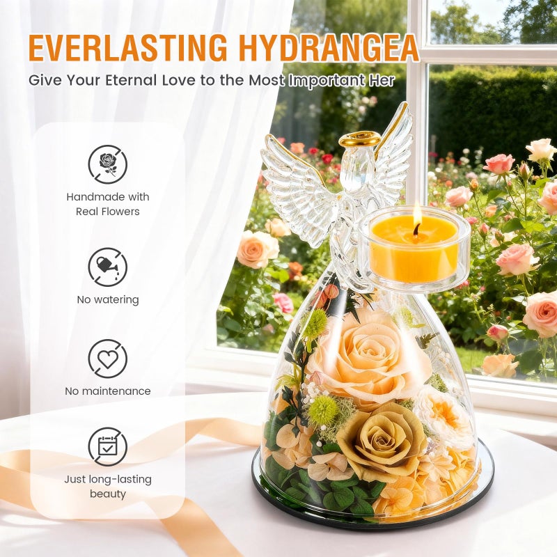 AIMEYE Valentines Day Angel Candle Holder Roses Gifts for Women,Valentines Day Preserved Real Flowers Roses in Glass Angel Figurines with Tealight Candle Holder./Champagne - Image 2