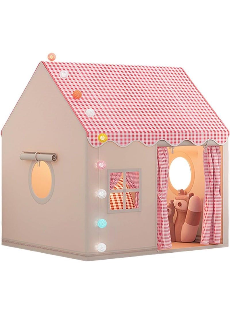 Large Kids Play Tent Indoor Playhouse with Checkered Roof, Premium Cotton Canvas Teepee for Boys & Girls, Portable Playroom Castle, 128x105x120cm - Image 1
