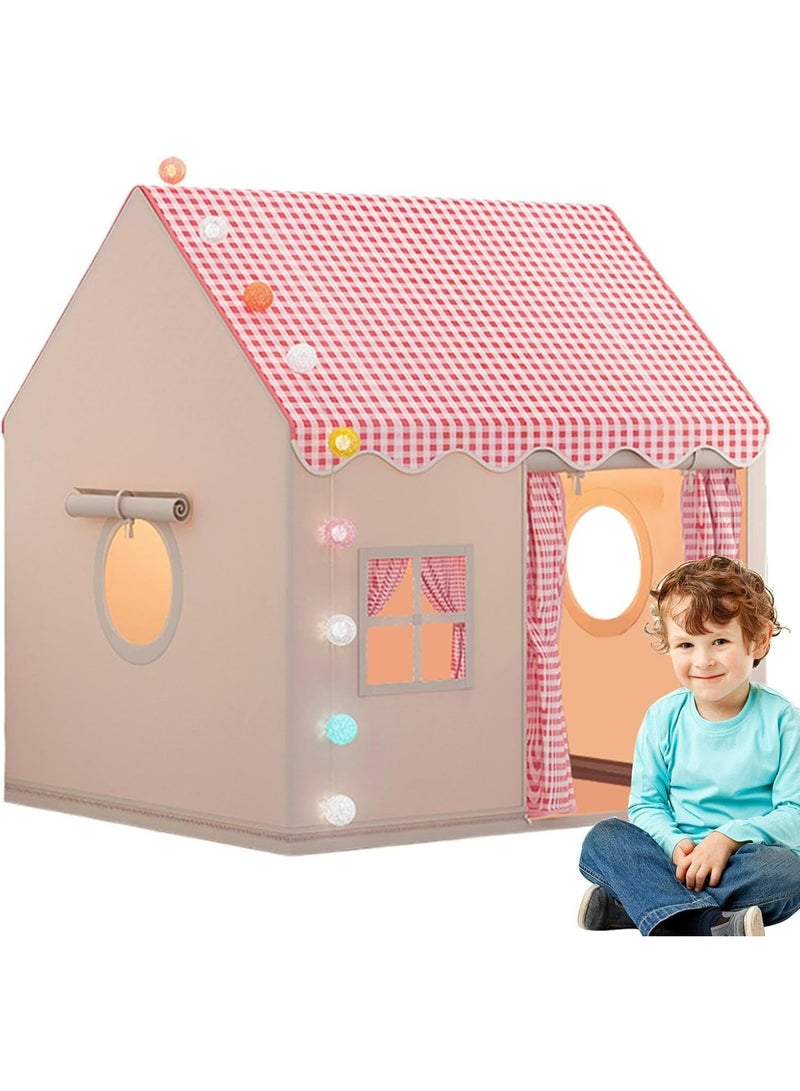 Large Kids Play Tent Indoor Playhouse with Checkered Roof, Premium Cotton Canvas Teepee for Boys & Girls, Portable Playroom Castle, 128x105x120cm - Image 2