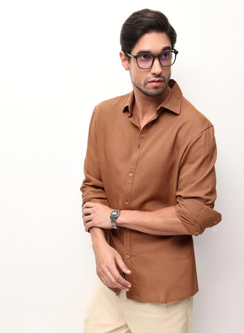 دينيس لينغو Brown Viscose Blend Solid Print Button Down Relaxed Shirt For Men