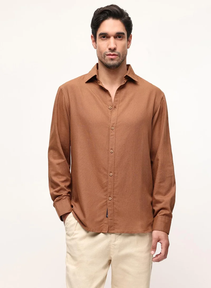 دينيس لينغو Brown Viscose Blend Solid Print Button Down Relaxed Shirt For Men