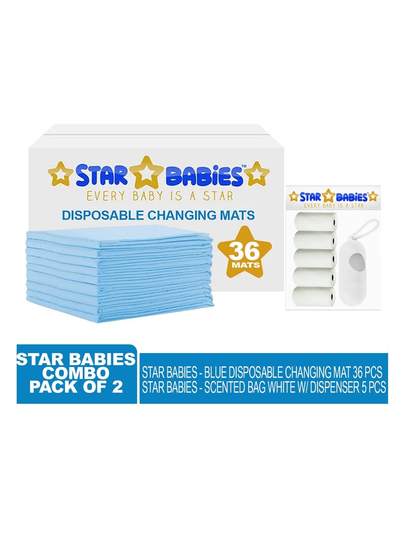 Star Babies - Combo Pack of 2- Disposable Changing Mat Pack of 36 with Scented Bag (5 Pcs w/Dispenser) - Blue/White - Image 2