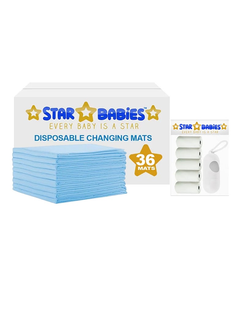 Star Babies - Combo Pack of 2- Disposable Changing Mat Pack of 36 with Scented Bag (5 Pcs w/Dispenser) - Blue/White - Image 1