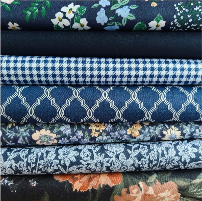 Hasoar 7PCS 9.8" x 9.8"(25 * 25CM) Quilting Fat Quarters Fabric Bundles, for Sewing Crafting,Print Floral Striped Polka Dot 100% Cotton Gingham Fabric (Navy, 25 * 25cm) - Image 1