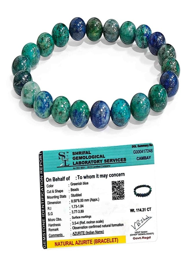 SOLAVA Original Azurite Crystal Bracelet for Women & Men with Lab Certificate - Spiritual Greenish Blue Azurite Bracelet for Healing, Improving Mental Power, Focus & Third Eye Activation - 8mm Beads - Image 1