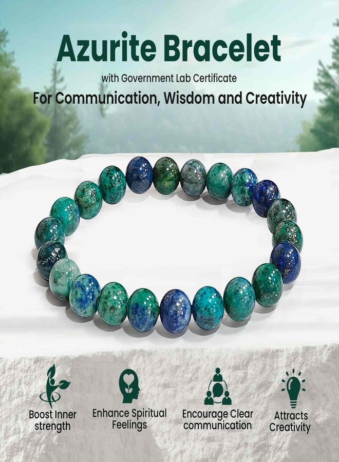 SOLAVA Original Azurite Crystal Bracelet for Women & Men with Lab Certificate - Spiritual Greenish Blue Azurite Bracelet for Healing, Improving Mental Power, Focus & Third Eye Activation - 8mm Beads - Image 2
