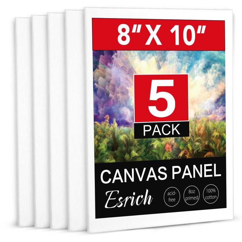 ESRICH Canvas Boards for Painting, 5 Pack Canvases for Painting 8x10 Cotton Primed Acid Free Blank Canvas Panels for Oil Paint, Watercolor, Acrylic Paint, Gouache and Tempera. - Image 1