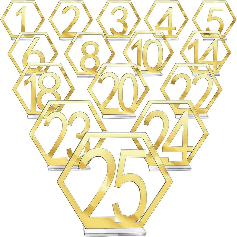 Modern Acrylic Table Numbers 1 25 With Gold Geometric Hexagon Holders For Wedding Party Events - Image 1