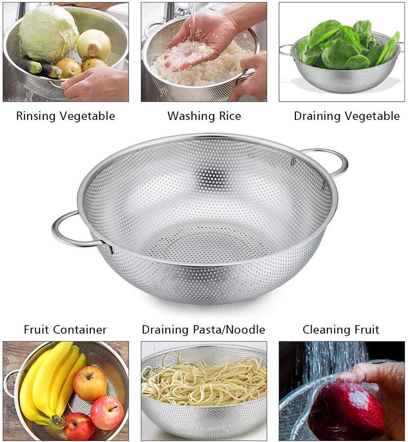 REPLEX Fruit Vegetable Rice Washing Baskets Stainless Steel Strainer Colander Strainer Drainer with Handle Rice Drain Basin Basket Noodles Pasta Beans Grains Washing Filter Basket with Drainage Holes - Image 5