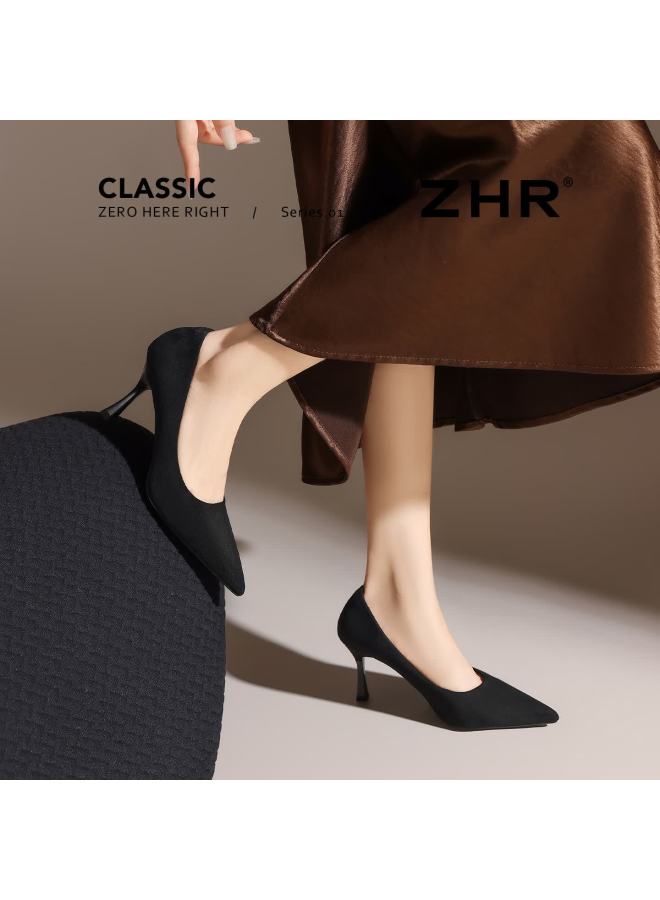 Zhr Zese Suede High Heels Women  New French Style Pointed Toe Solid Color Work Leather Shoes Bq117f Black Size 39 - Image 4