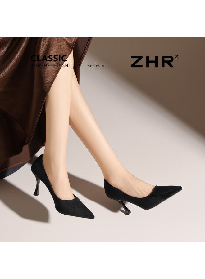 Zhr Zese Suede High Heels Women  New French Style Pointed Toe Solid Color Work Leather Shoes Bq117f Black Size 39 - Image 3