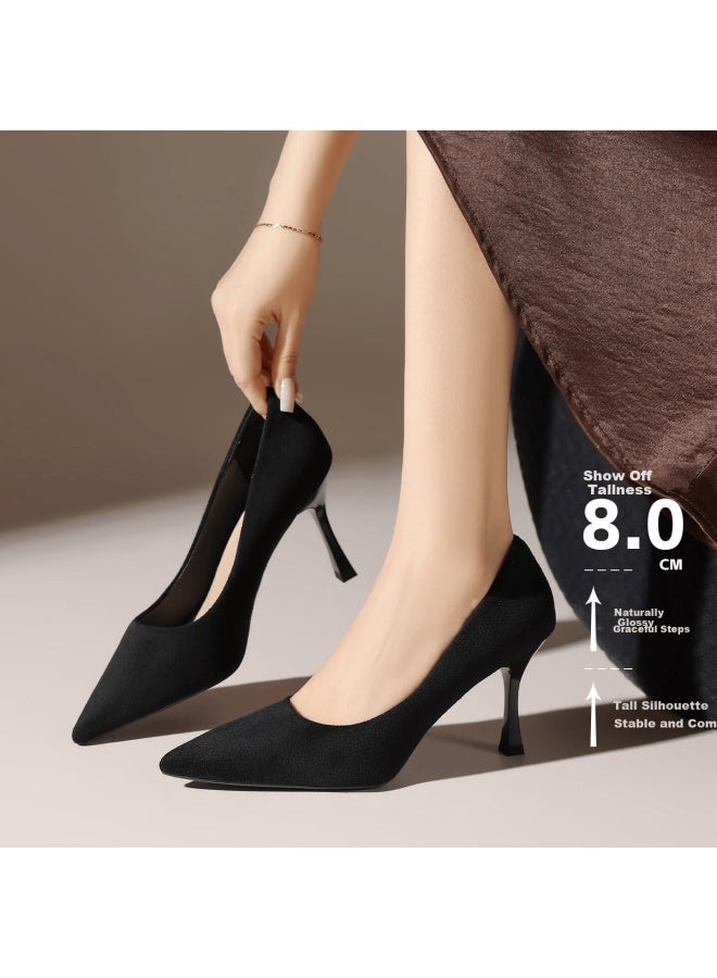 Zhr Zese Suede High Heels Women  New French Style Pointed Toe Solid Color Work Leather Shoes Bq117f Black Size 39 - Image 2